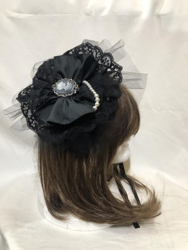 ◇受注商品◇アンティークカメオ付き円型ヘッドドレス：黒シャンタン
