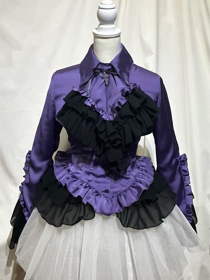 十字架タイ付き総フリルドレスブラウス：紫 - MARBLE ~online shop~