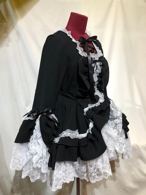 編み上げ総フリルドレスワンピース：黒×白レース - MARBLE ~online shop~