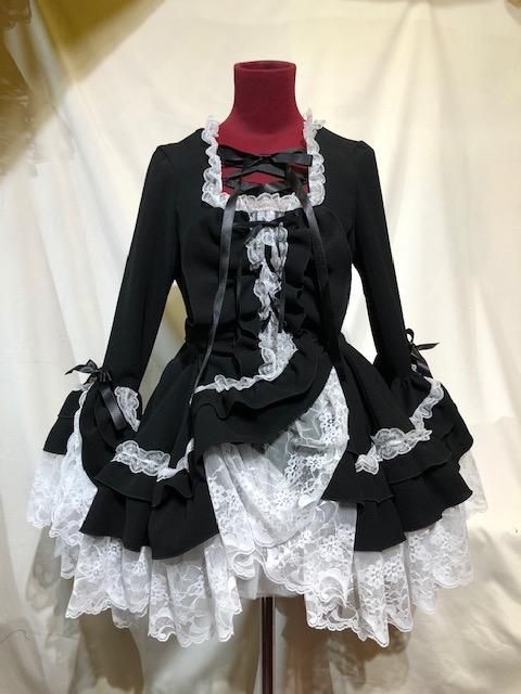 編み上げ総フリルドレスワンピース：黒×白レース - MARBLE ~online shop~