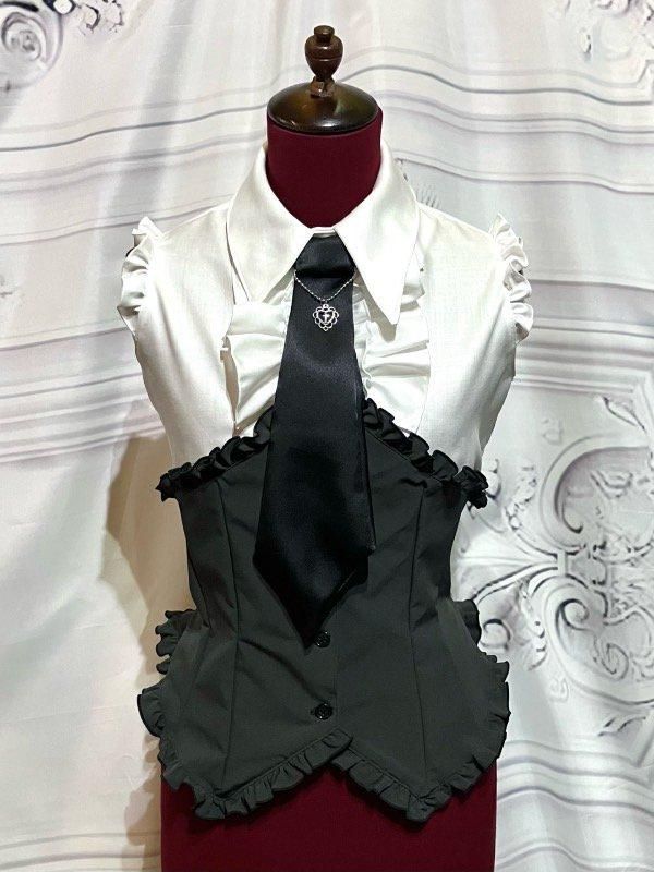 ◇受注商品◇レースネクタイ付コルセット風姫袖ブラウス：白×黒
