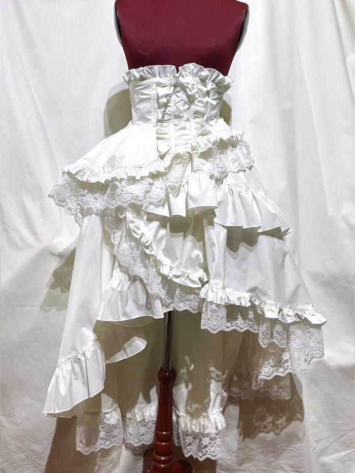 ◇受注商品◇コルセット付き異素材スパイラルロングフリルスカート：白