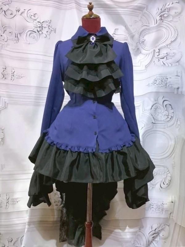 タイ付きドレープ飾りゴシックエレガンスブラウスワンピース：青×黒