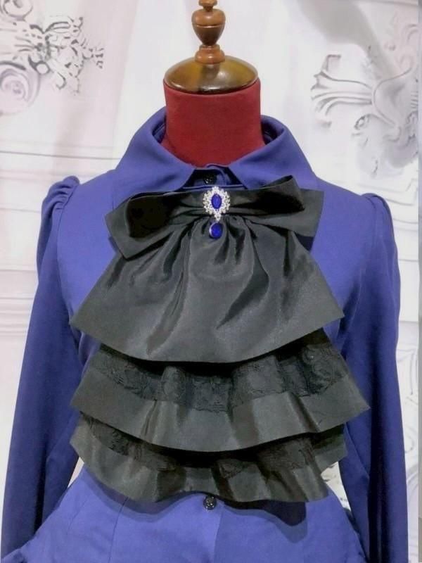 タイ付きドレープ飾りゴシックエレガンスブラウスワンピース：青×黒