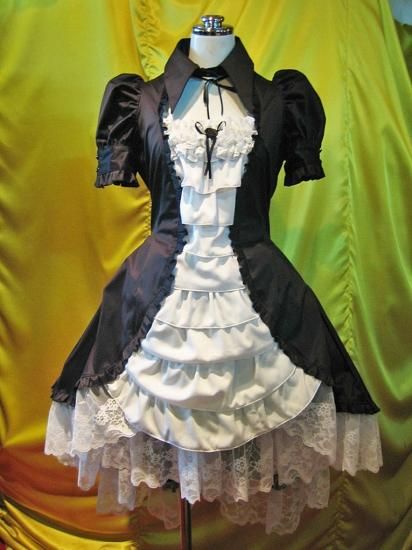 ◇受注商品◇別衿・姫袖付きドレスワンピース：黒×白フリル - MARBLE