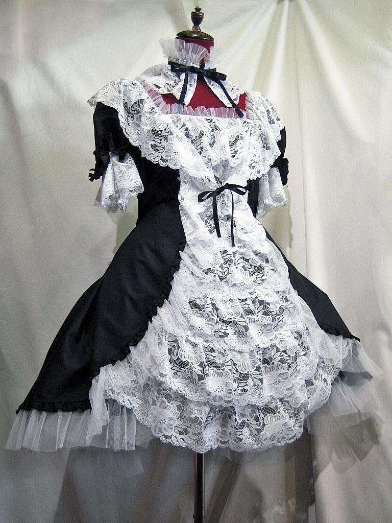 レース衿付きボリュームドレスタックワンピース：黒×白レース - MARBLE