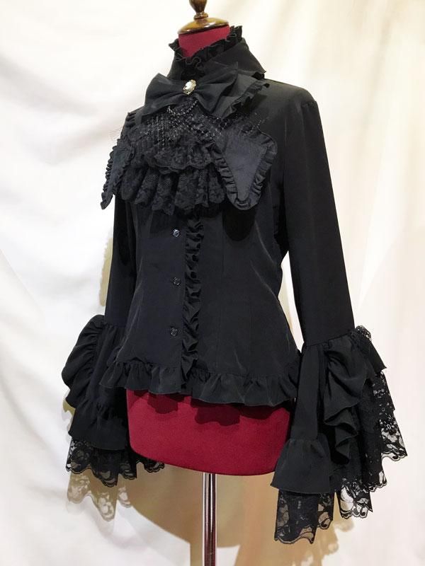 ◇受注商品◇デコラティブタイ付き姫袖ブラウス：黒×黒レース - MARBLE