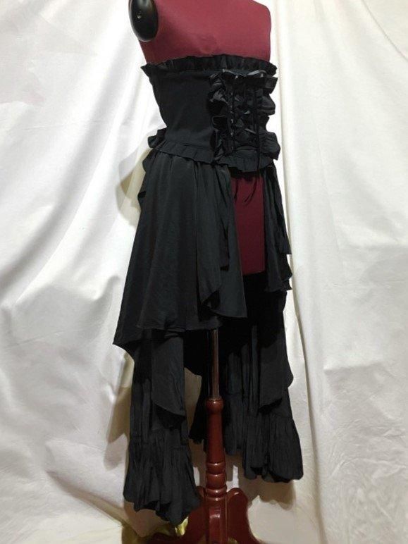 コルセット付きサイドフレアーロングスカート：黒×黒Lサイズ - MARBLE