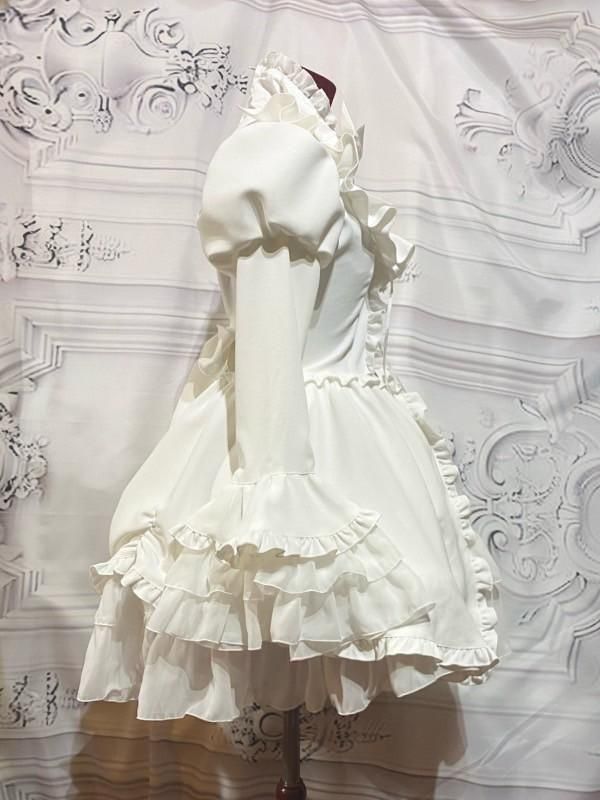 ◇受注商品◇アリス風編み上げドレスワンピース：白×白フリル×白パール