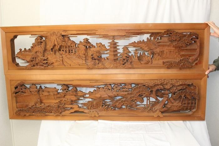 C-446井波彫刻欄間近江八景2間用欄間 勇介銘刻 - 石川県金沢の骨董品