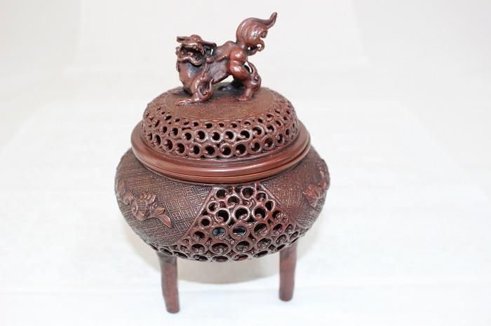 D-392高岡銅器蝋型鋳銅獅子香炉 日展作家 三代須賀月真造 - 石川県金沢