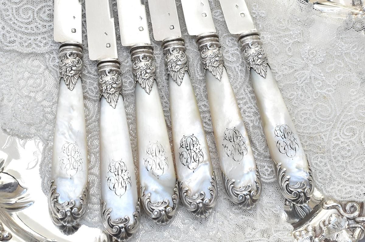 仏アンティーク銀器【純銀】フレンチ デザートナイフ6本セット
