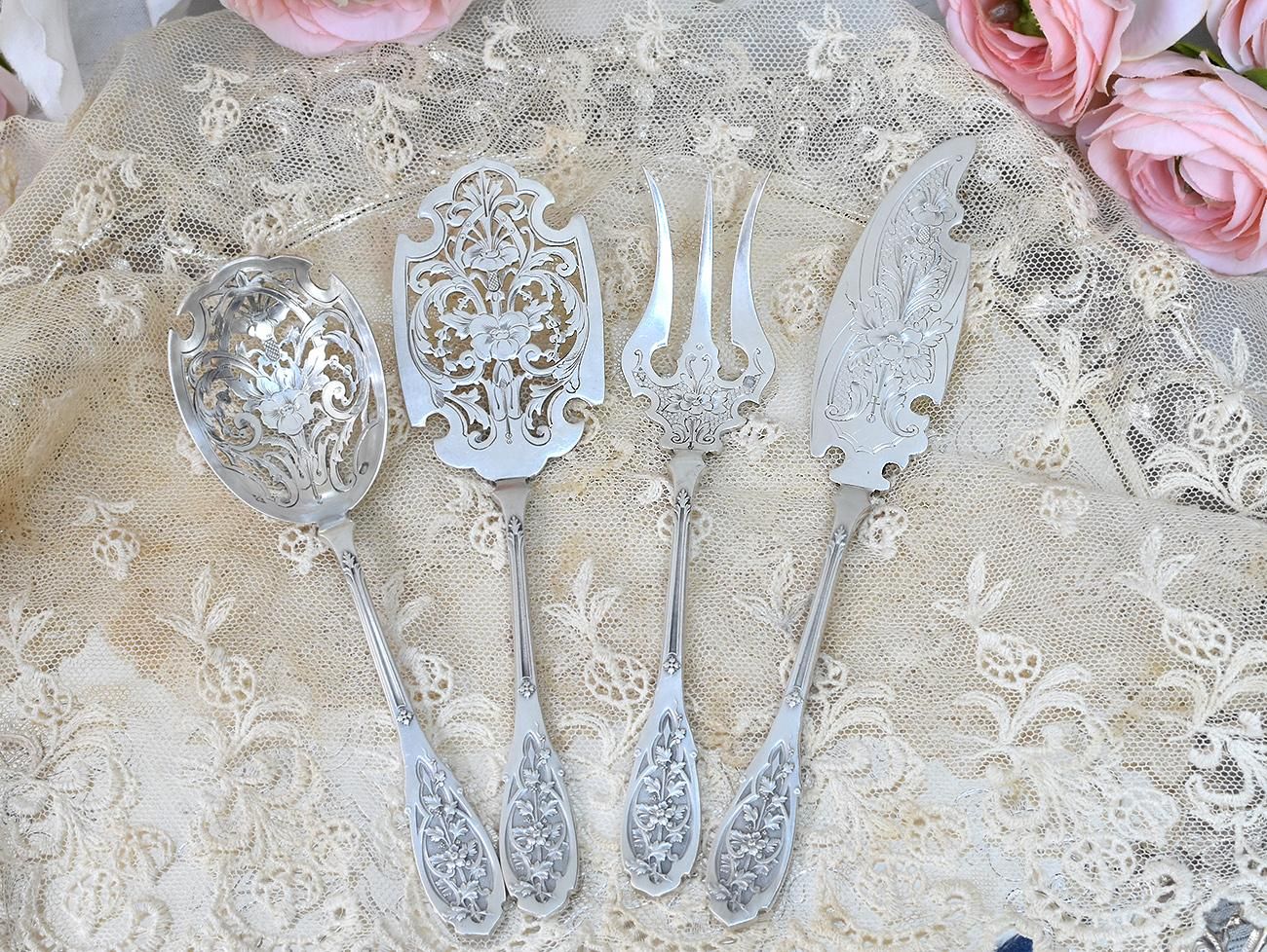 仏アンティーク銀器【銀950(95%)】サービングセット4本1組◇Puiforcat