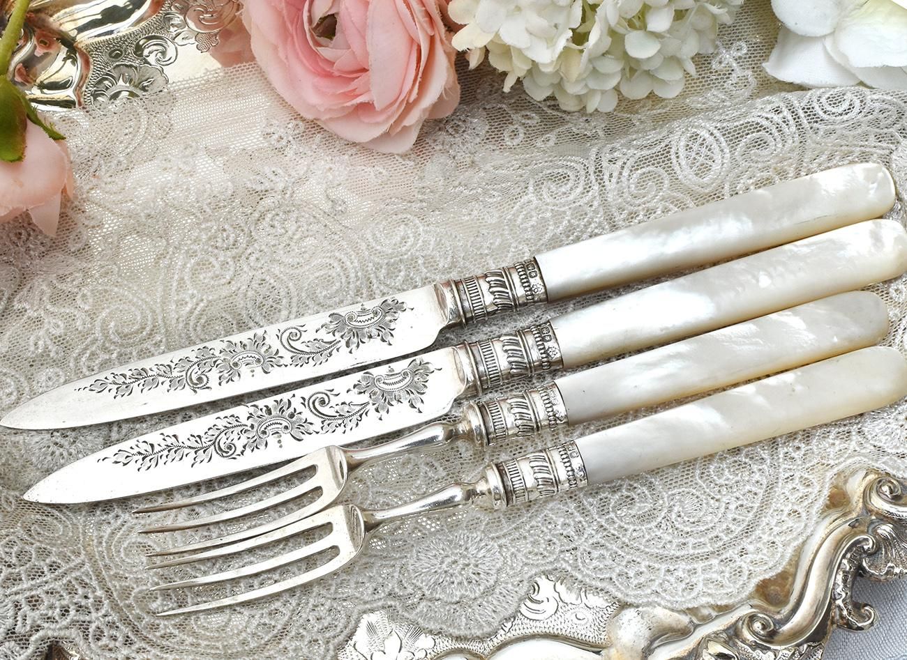 英国アンティーク銀器【純銀】1903年 白蝶貝のデザートカトラリー2組