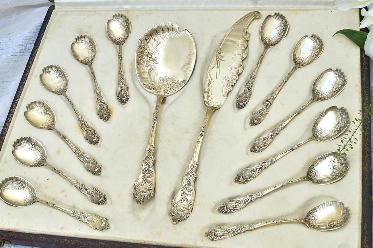 仏アンティーク銀器【銀950】アイスクリームスプーン&サービングセット