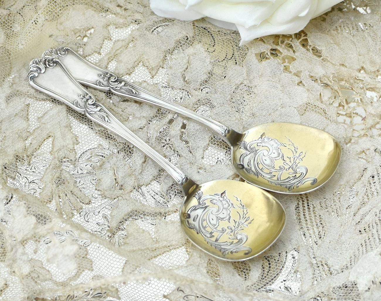 仏アンティーク銀器【銀950】アイスクリームスプーン2本 - Edwardian