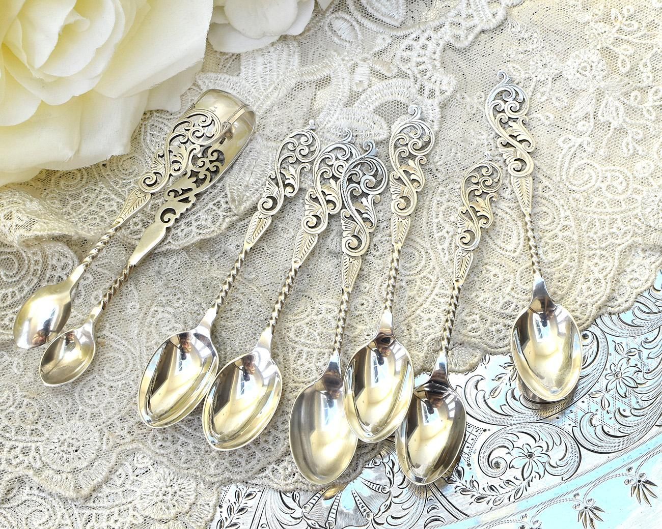 英国アンティーク銀器【純銀】1907年 透かしのティースプーンセット