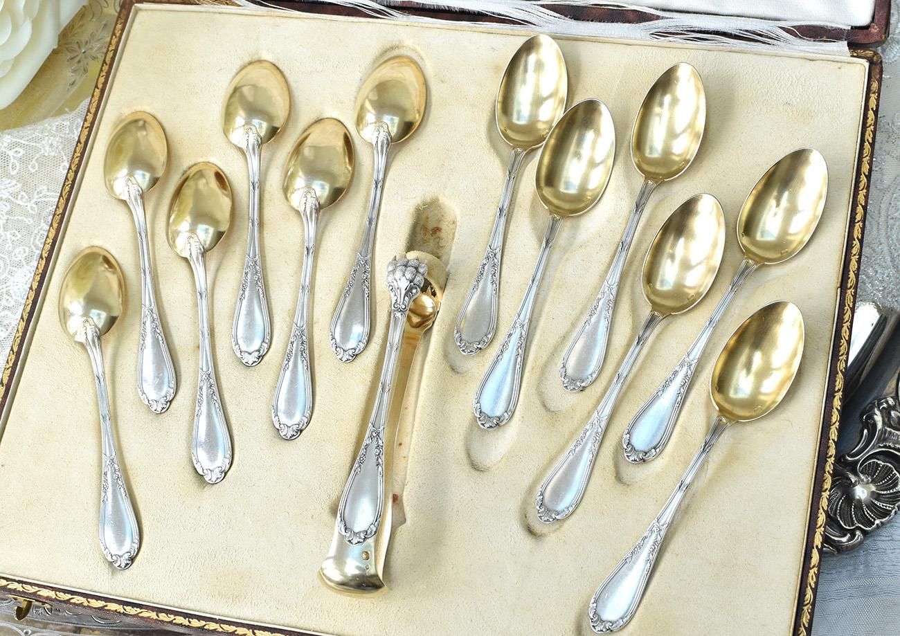 仏アンティーク銀器【銀950（95%）】ティースプーン6本＆シュガー