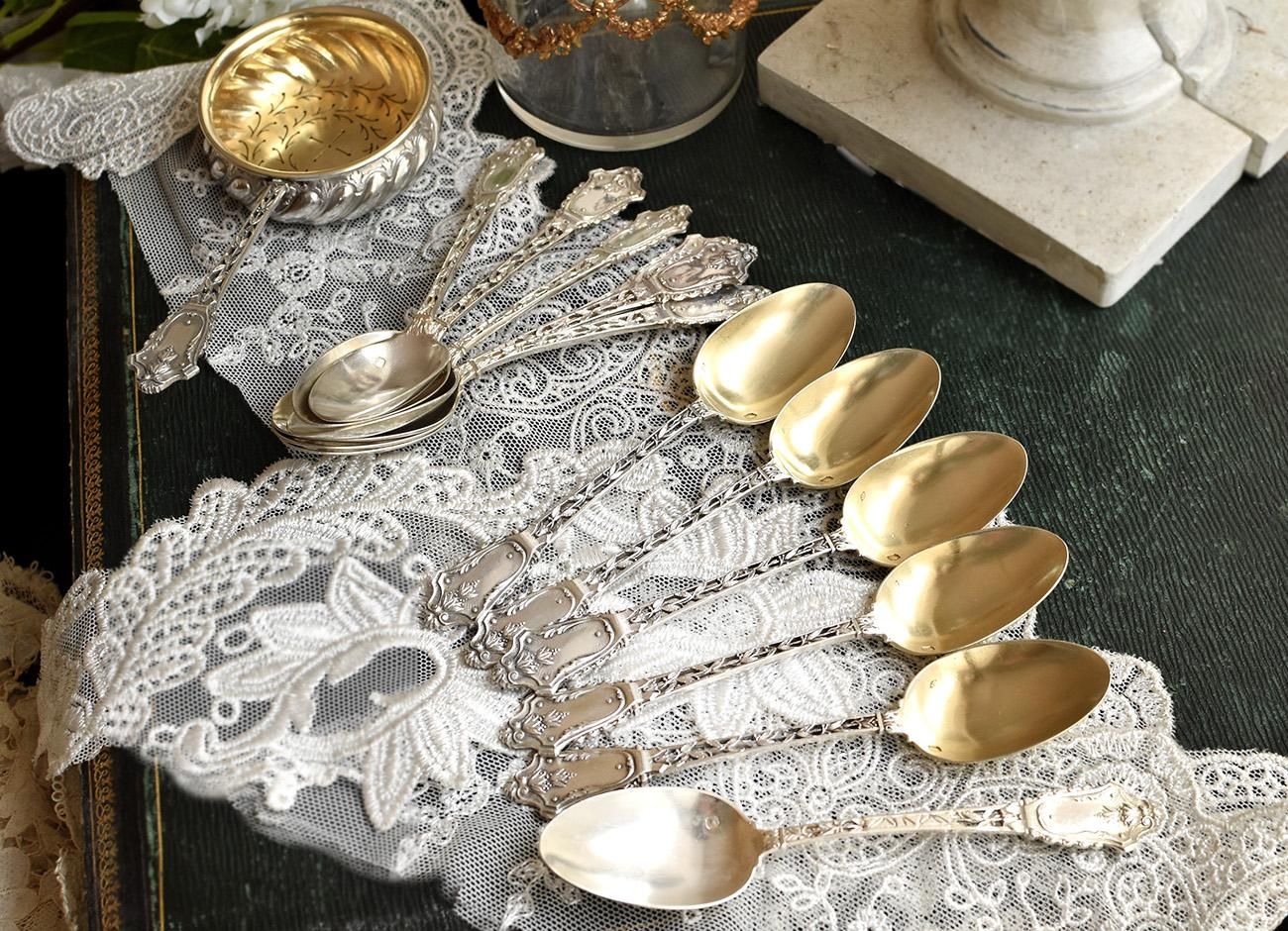 仏アンティーク銀器【銀950】ティーストレーナー&ティースプーン12本