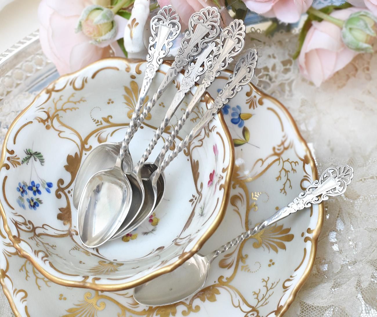 英国アンティーク銀器【シルバープレート】透かしのティースプーン6本