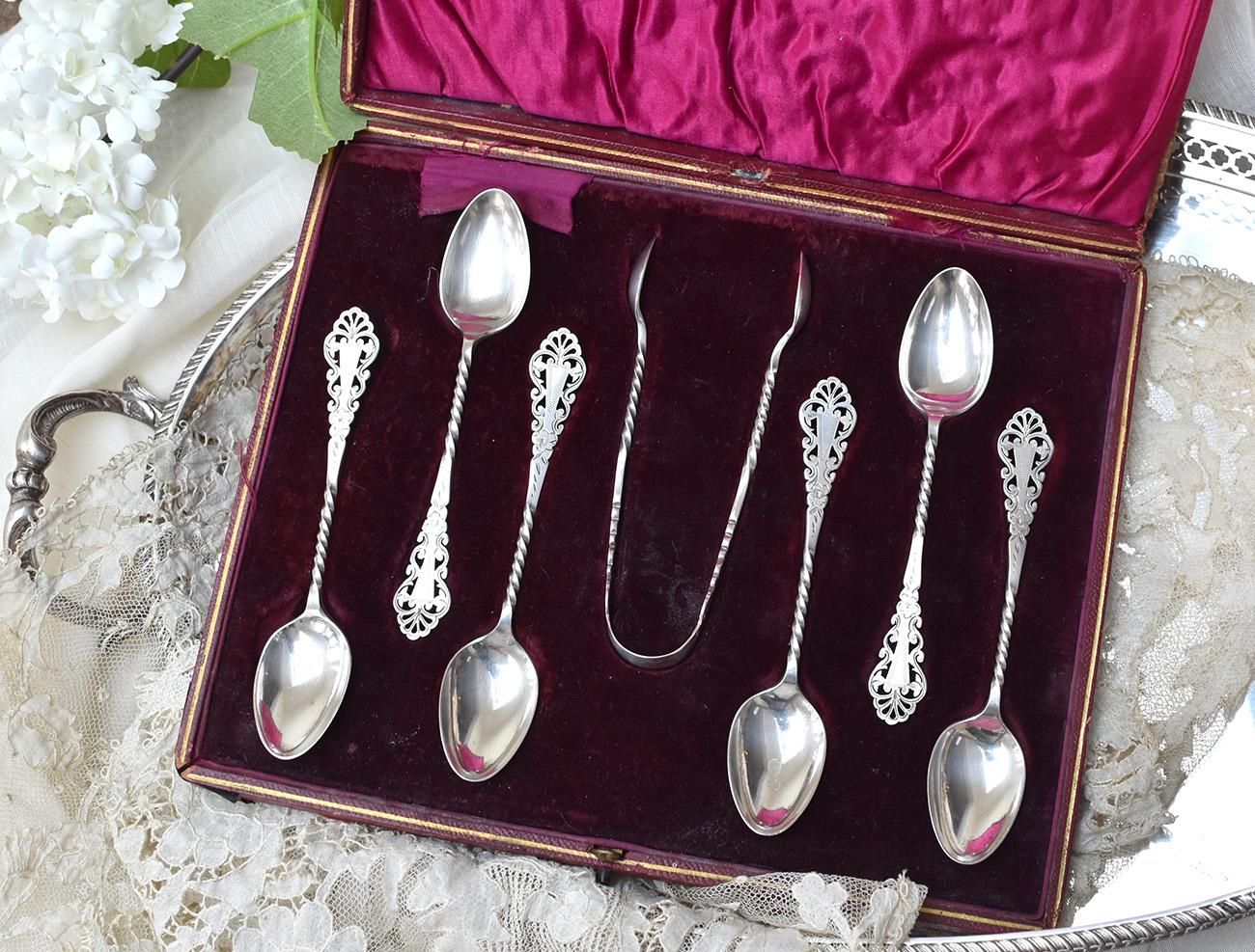 英国アンティーク銀器【シルバープレート】透かしのティースプーン6本