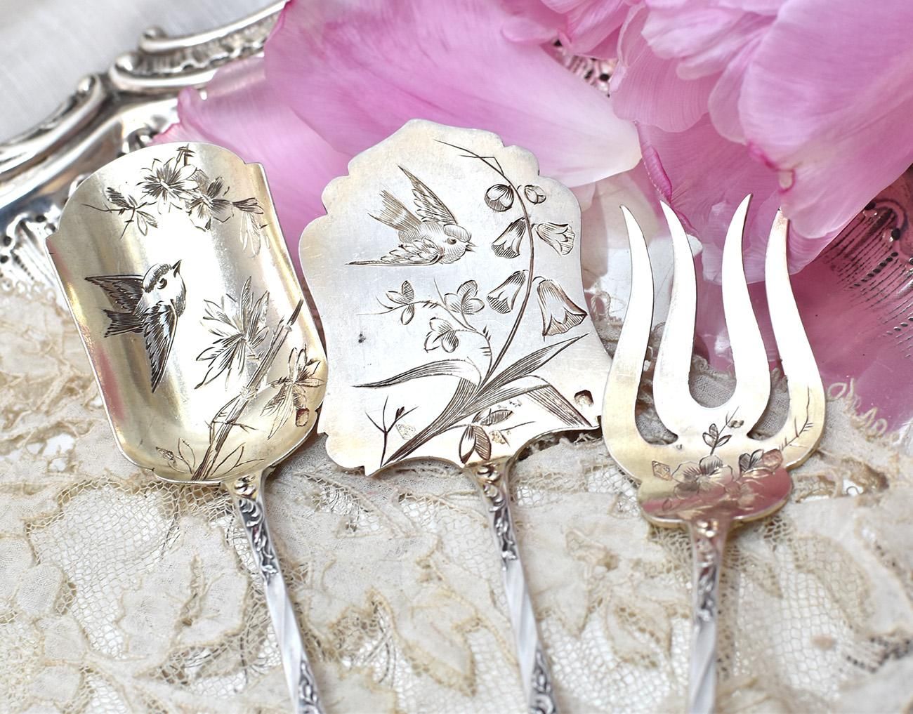 仏アンティークシルバー【銀950】サービングセット 鳥と植物 V.Boivin