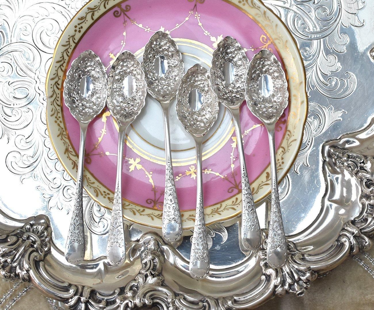 英国アンティーク銀器【純銀】1897年 美装飾ティースプーンセット6本