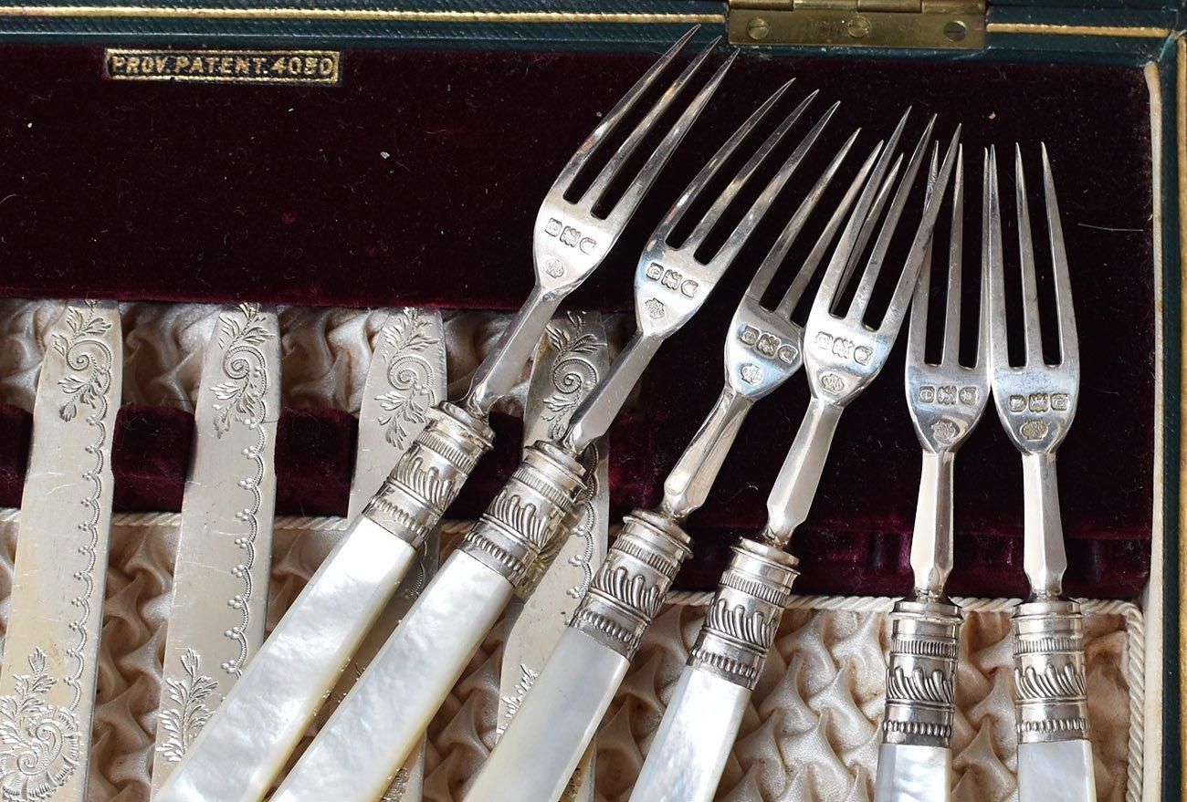 英国アンティーク銀器【純銀】白蝶貝カトラリー6組＆ティースプーン