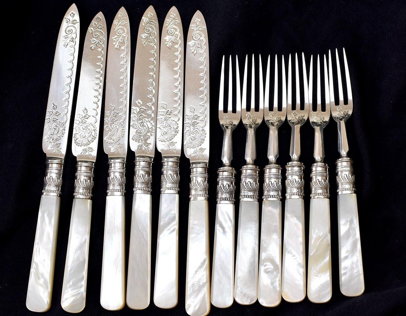 英国アンティーク銀器【純銀】白蝶貝カトラリー6組＆ティースプーン