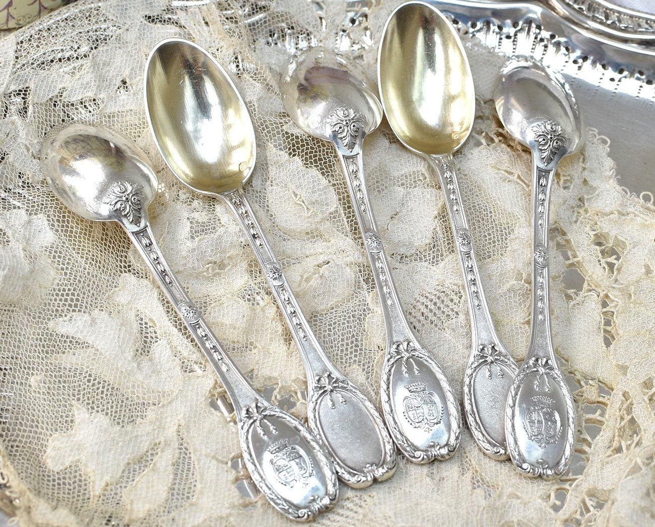 仏アンティーク銀器【銀950】リボンのティースプーン5本 Andre Arcoc