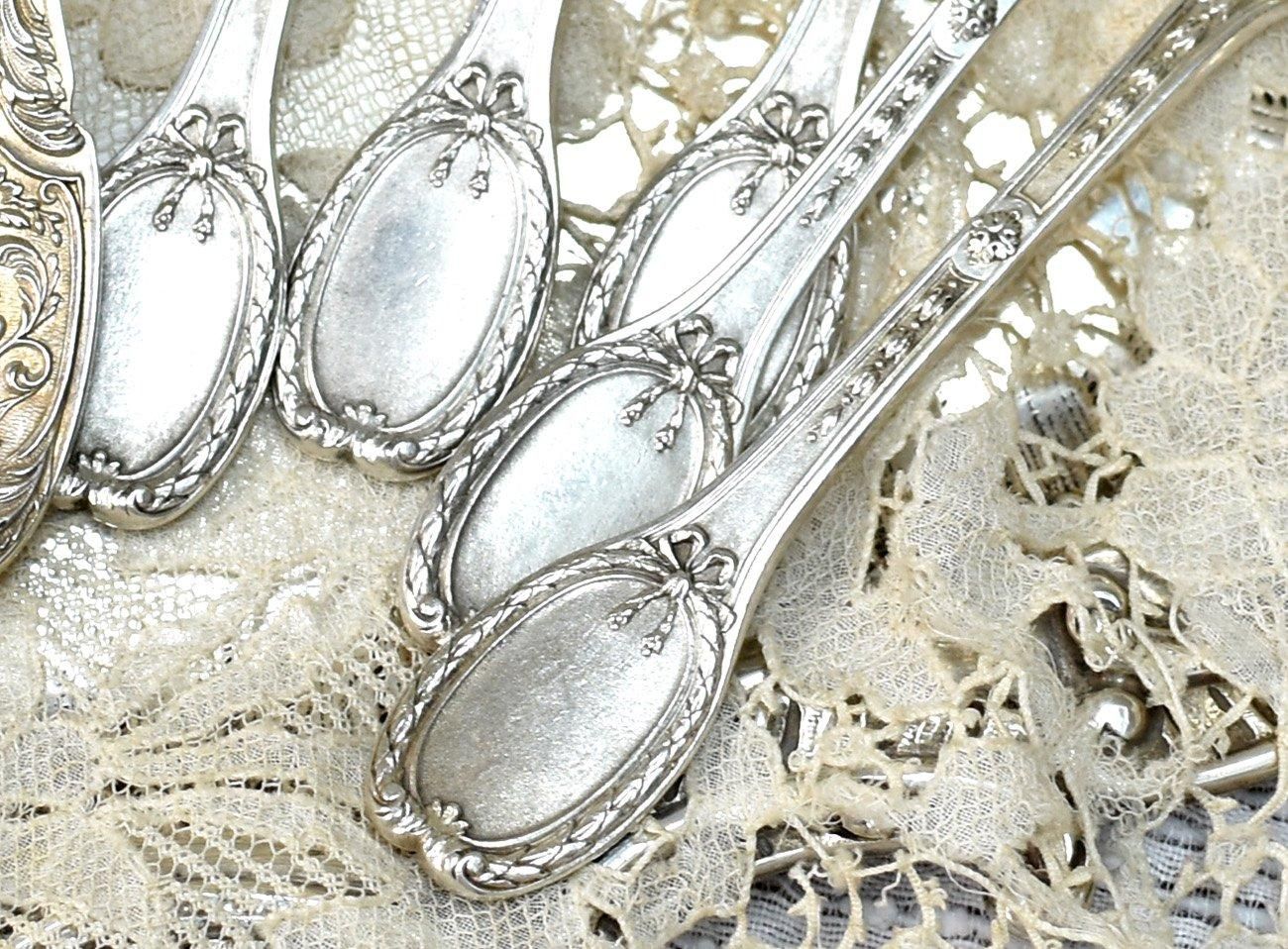 仏アンティーク銀器【銀950】リボンのティースプーン5本 Andre Arcoc