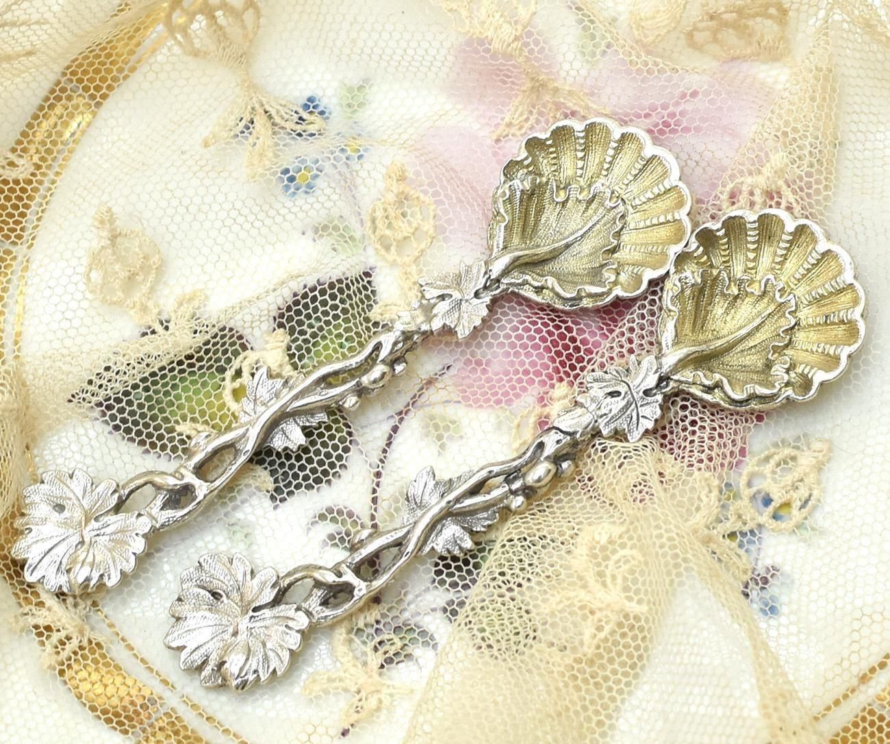 英国アンティーク銀器【純銀】1861年 シェルのソルトスプーン ペア