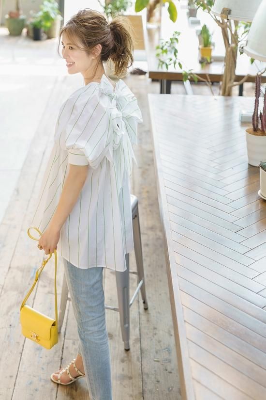 バックリボントップス(グリーンストライプ) - seventen