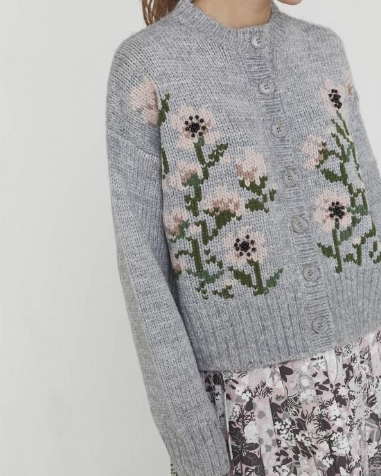 フラワー刺繍ニットカーディガン(グレー) - seventen