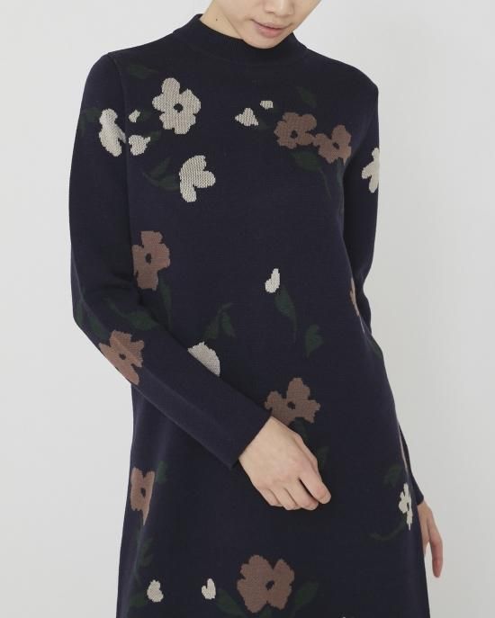 フラワージャガードニットワンピース(ブラック) - seventen