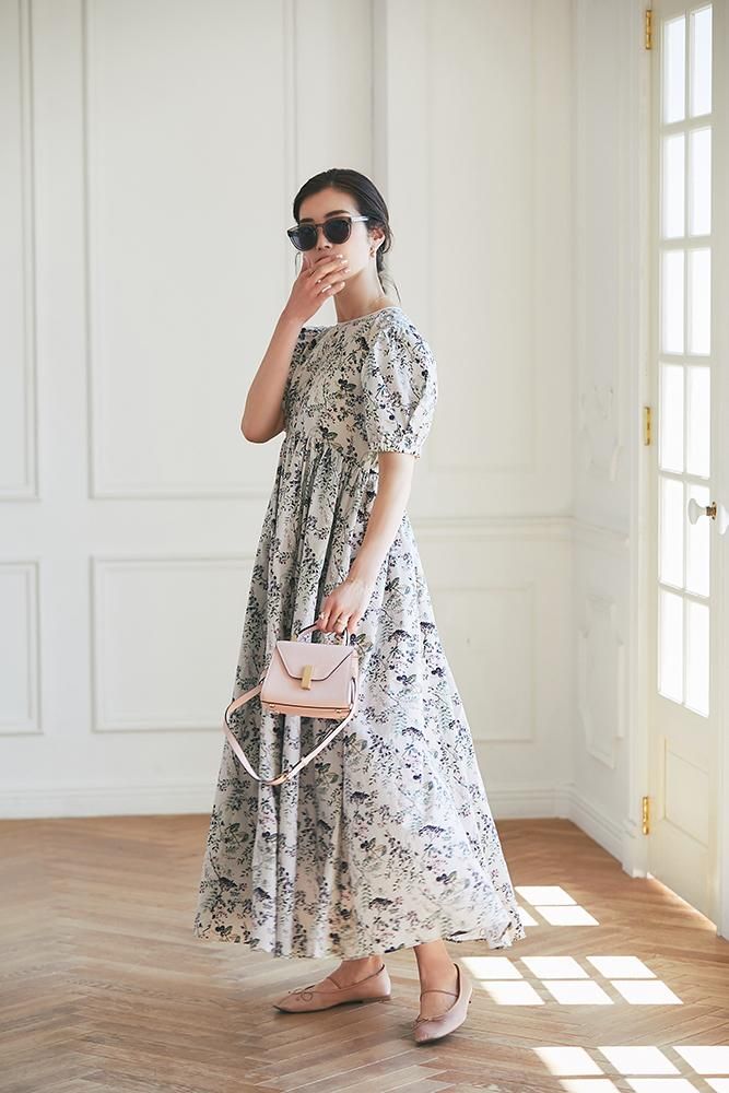 木の実柄プリントマキシワンピース(グレー) - seventen