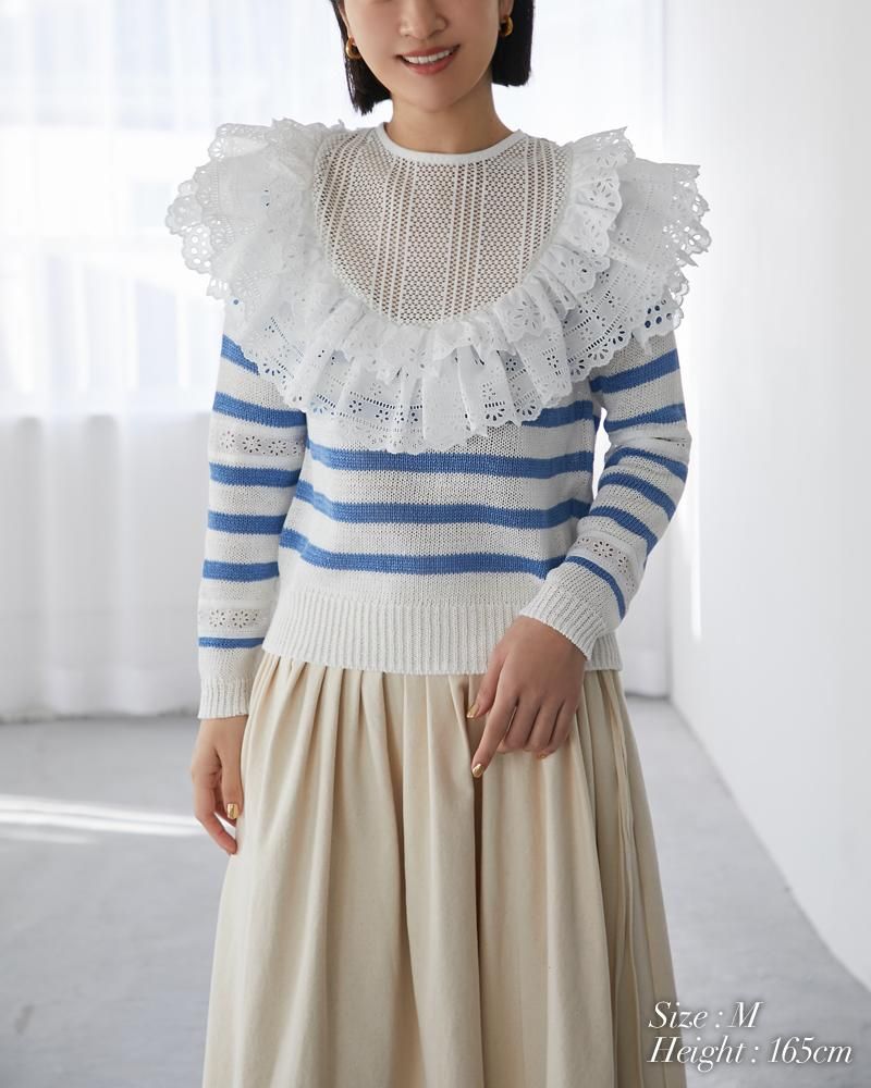レースフリルニット(ネイビーボーダー) - seventen
