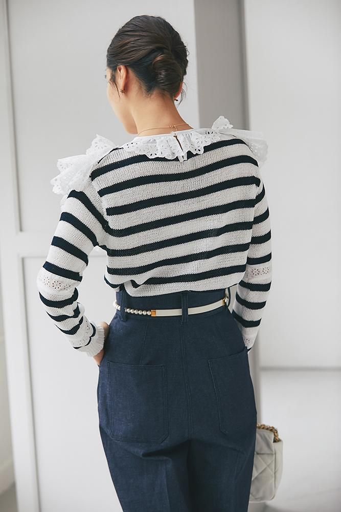 レースフリルニット(ネイビーボーダー) - seventen