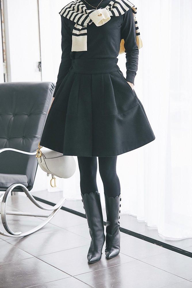 ウールハイウエストフレアキュロット(ブラック) - seventen