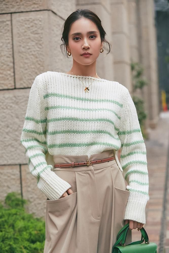 ローゲージコンパクトニット(オフホワイト×グリーン) - seventen