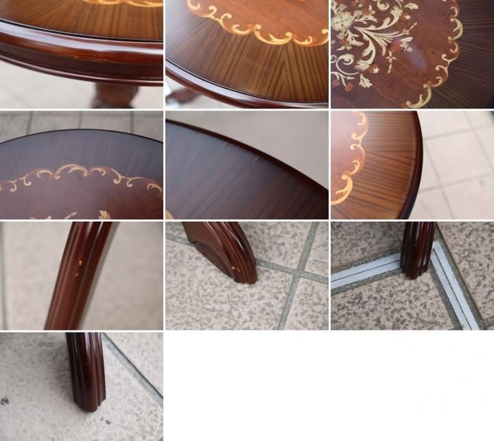 アンティーク調のサイドテーブル、天板に象嵌細工が施された花台です