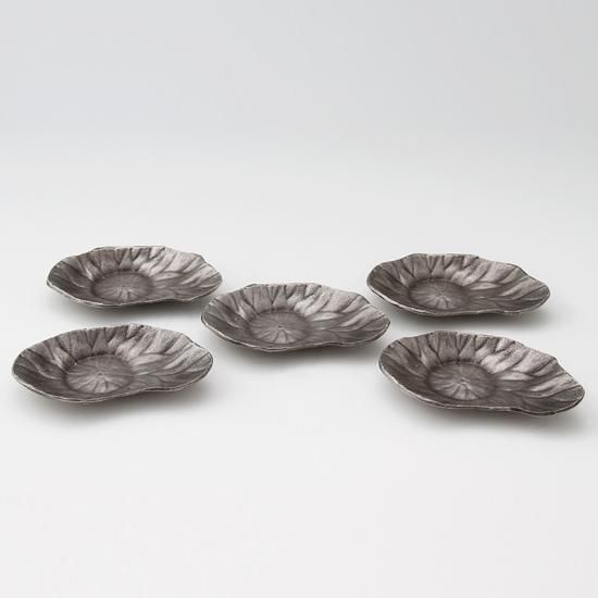 錫 茶托 蓮形 5枚セット 黒漆加工 [No.39]｜薩摩錫器工芸館