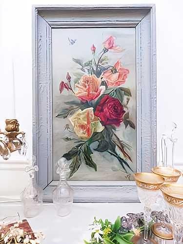 Y.Janloe作油絵『薔薇のある風景』 - 薔薇と天使のアンティーク