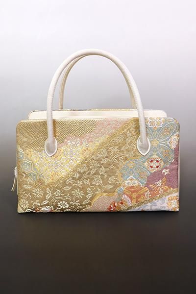 G-2039】西陣織 利休バッグ 白練色 道長取りに花唐草など - 銀座きもの