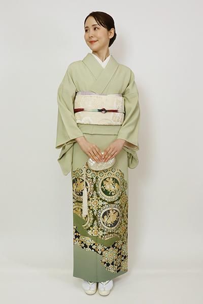 銀座【B-3379】繍三ッ紋 総刺繍 単衣 色留袖 柳色 獅子狩文 - 銀座