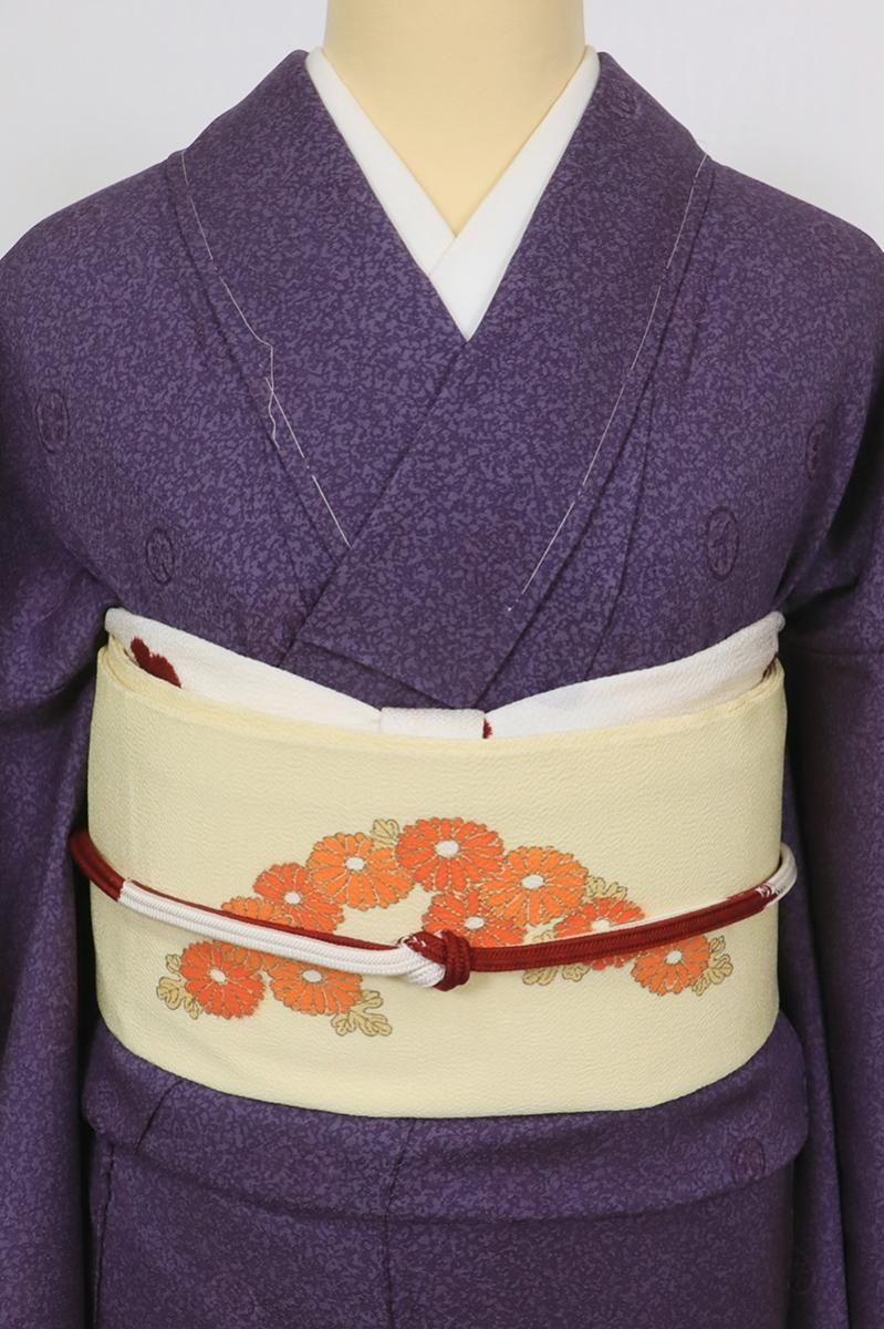 美品 正絹 着物 和服 帯 アンティーク オレンジ 紫 水色 374 扇 深紫の