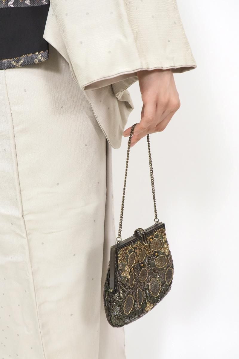 銀座【G-2755】 ビーズ刺繍 バッグ 華文 黒緑色 - 銀座きもの青木