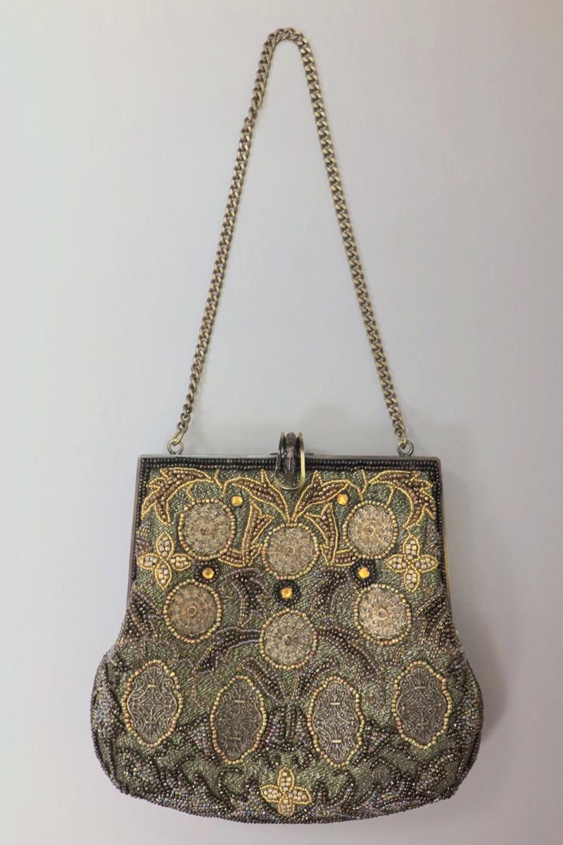 銀座【G-2755】 ビーズ刺繍 バッグ 華文 黒緑色 - 銀座きもの青木