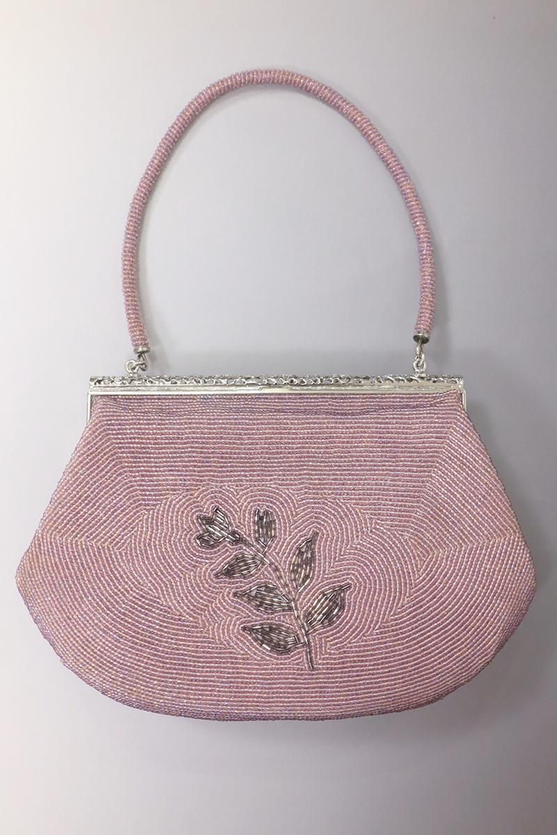 銀座【G-2758】ビーズ刺繍 バッグ 草花の図 梅鼠色×枯茶色 - 銀座