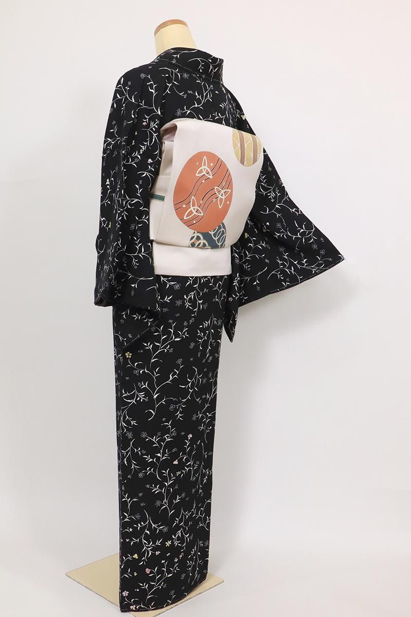 銀座【D-3384】小紋 黒色 草花文 - 銀座きもの青木｜長く大切に着続け